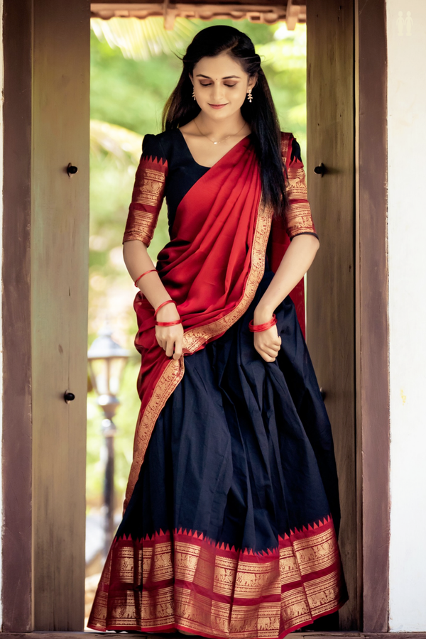 Traditional Border Black Cotton Readymade Half Saree