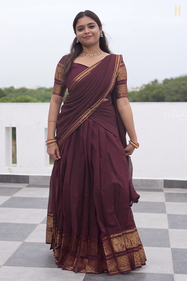Traditional Border Coffee Brown Cotton Readymade Half Saree