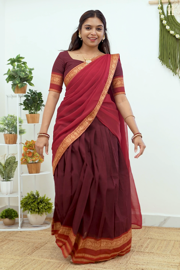 Traditional Border Coffee Brown Cotton Readymade Half Saree