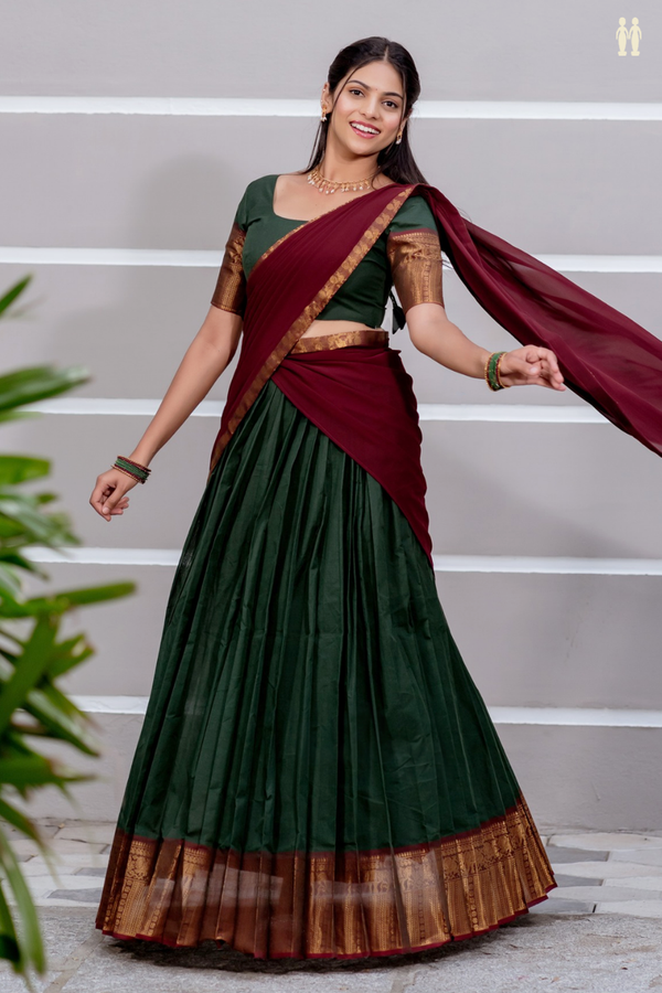 Traditional Border Dark Green Cotton Readymade Half Saree
