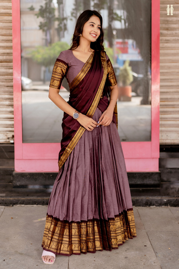 Traditional Border Dusty Purple Cotton Readymade Half Saree