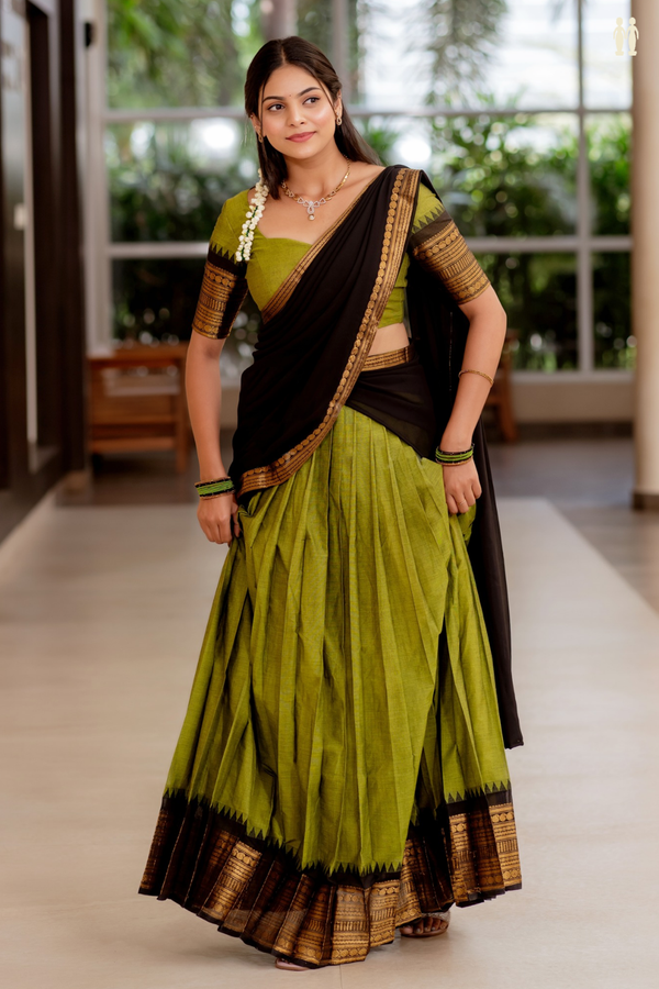 Traditional Border Green Cotton Readymade Half Saree
