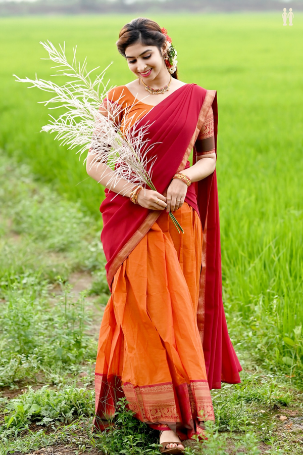 Traditional Border Orange Cotton Readymade Half Saree