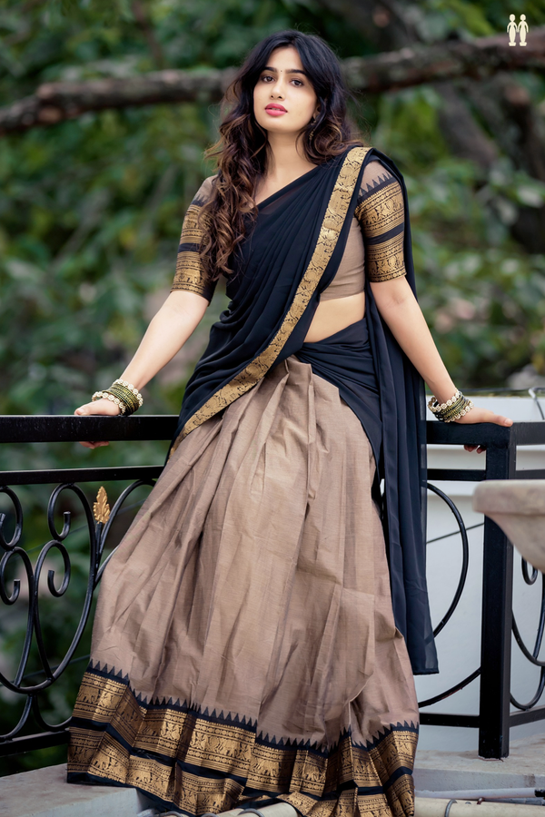 Traditional Border Oxford Brown Cotton Readymade Half Saree