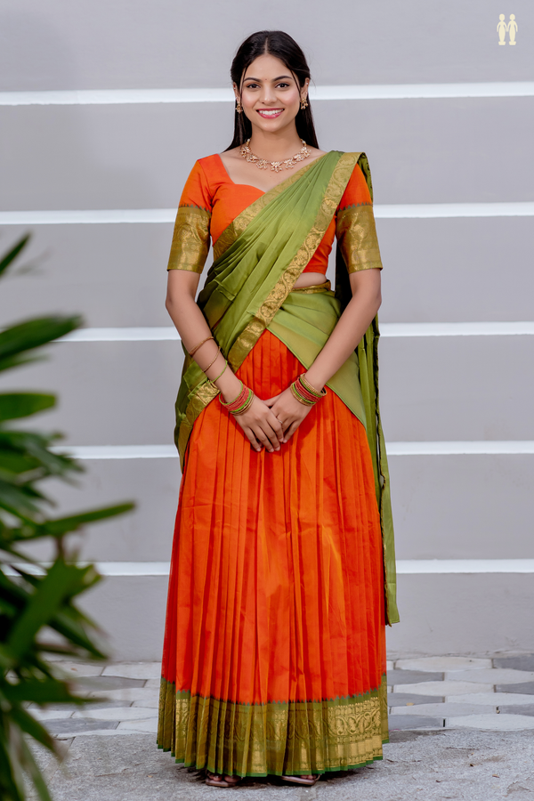 Traditional Border Spiced Orange Cotton Readymade Half Saree