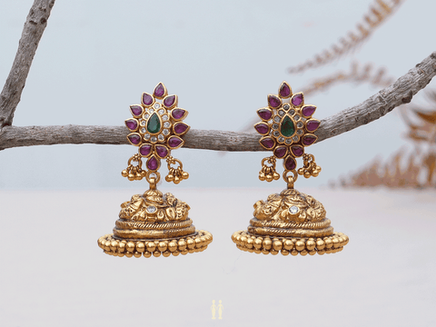 Traditional Design Gold Plated Silver Jhumkas