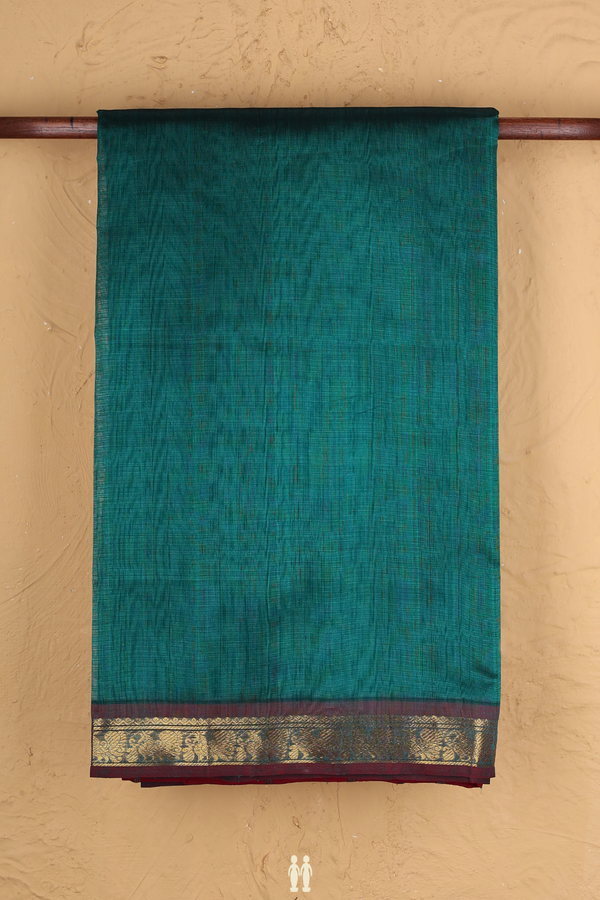 Traditional Silk Cotton Saree In Green With Peacock Border