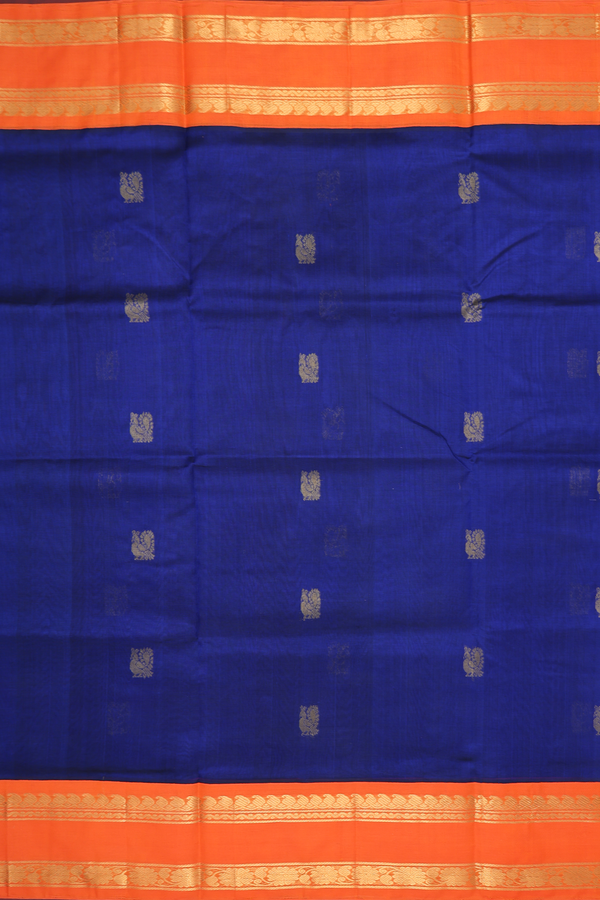 Traditional Silk Cotton Saree In Royal Blue With Peacock Buttas