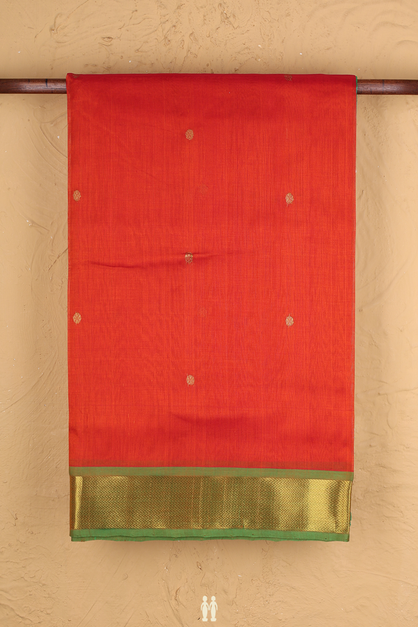 Silk Cotton Saree In Vermillion Red With Rudraksh Buttas