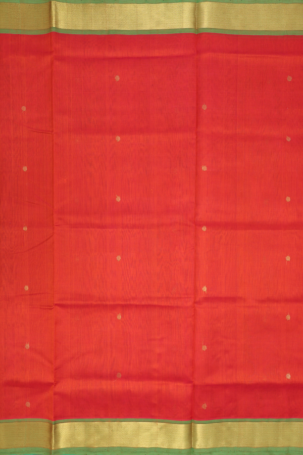 Silk Cotton Saree In Vermillion Red With Rudraksh Buttas