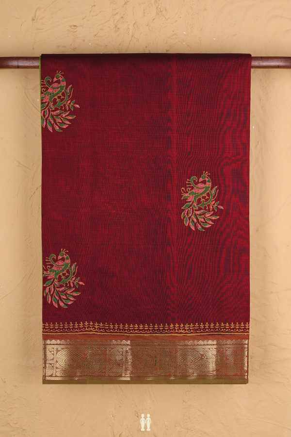 Traditional Silk Cotton Saree Berry Red With Peacock Design