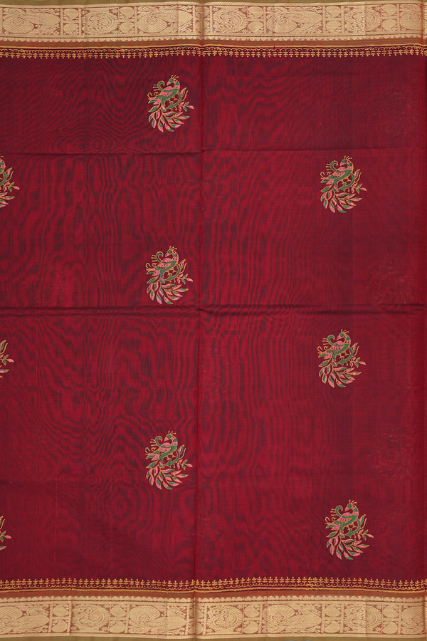 Traditional Silk Cotton Saree Berry Red With Peacock Design