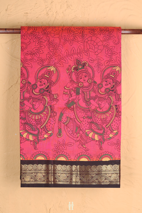 Traditional Silk Cotton Saree Coral Red With Printed Design