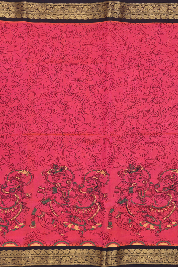 Traditional Silk Cotton Saree Coral Red With Printed Design