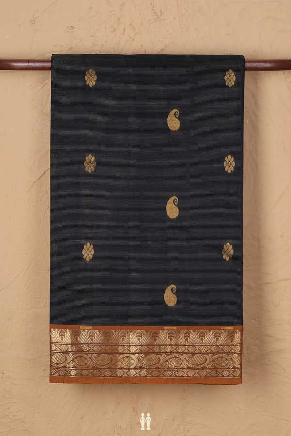 Silk Cotton Saree In Midnight Blue With Paisley Buttas