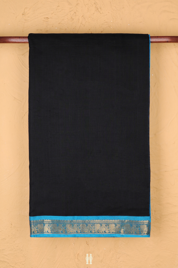 Traditional Silk Cotton Saree In Black With Peacock Border