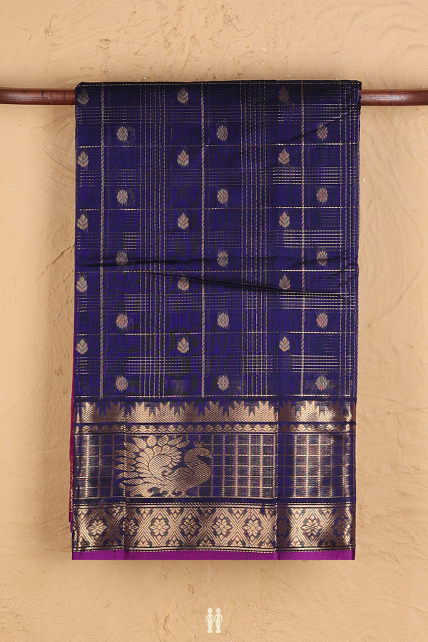 Traditional Silk Cotton Saree In Blue With Checks Design