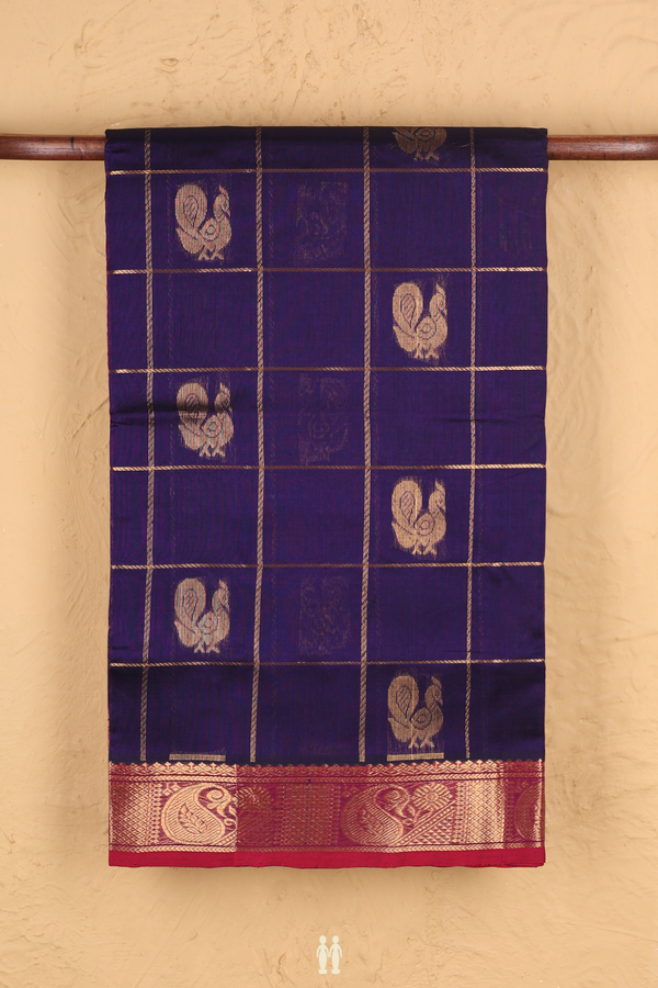 Traditional Silk Cotton Saree In Blue With Checks Design
