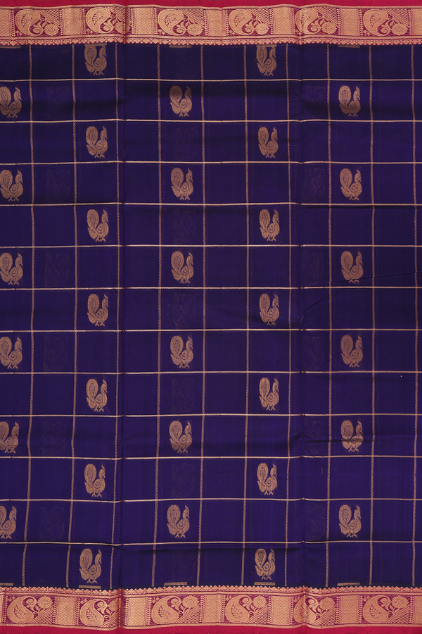 Traditional Silk Cotton Saree In Blue With Checks Design