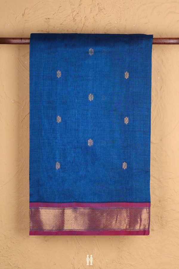 Traditional Silk Cotton Saree In Blue With Floral Buttas