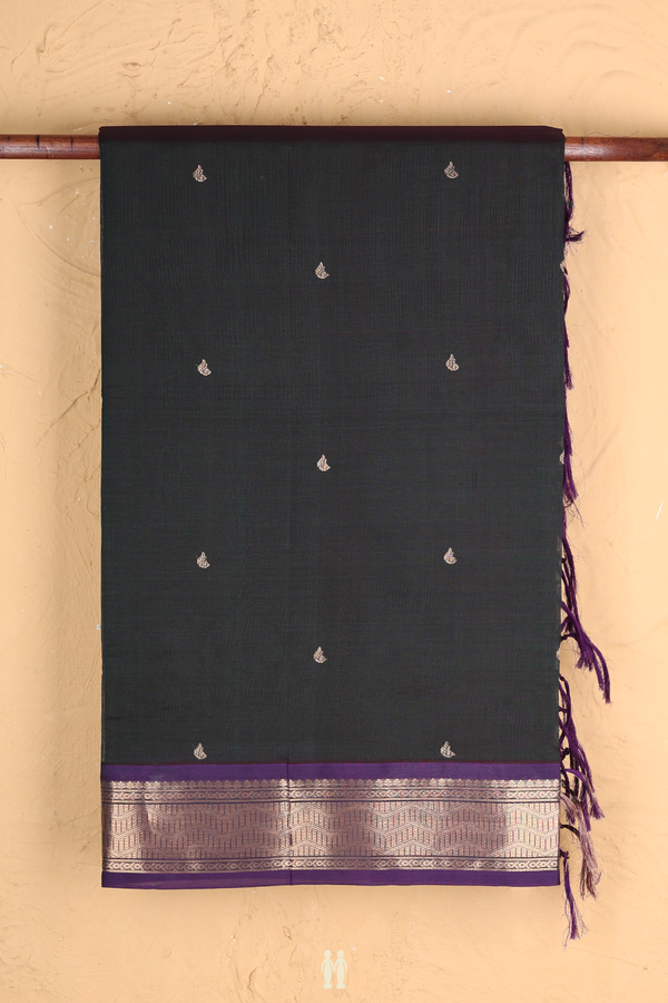 Traditional Silk Cotton Saree In Bottle Green With Zari Buttas