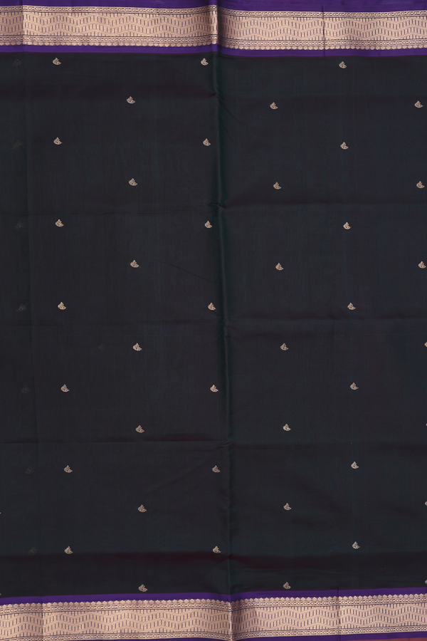 Traditional Silk Cotton Saree In Bottle Green With Zari Buttas
