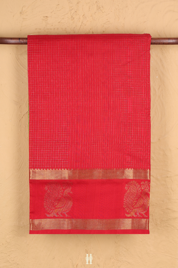 Traditional Silk Cotton Saree In Chilli Red With Checks Design