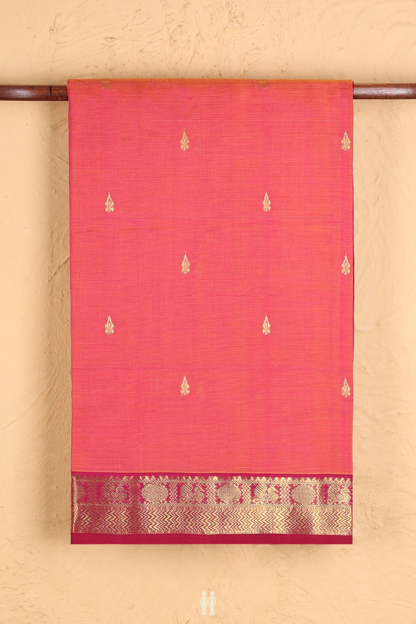 Traditional Silk Cotton Saree In Coral Pink With Zari Buttas