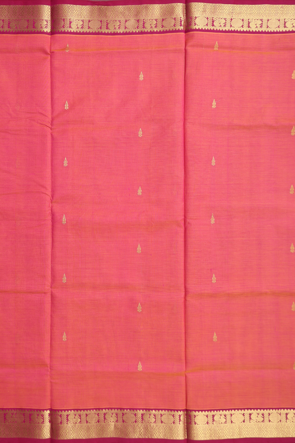 Traditional Silk Cotton Saree In Coral Pink With Zari Buttas