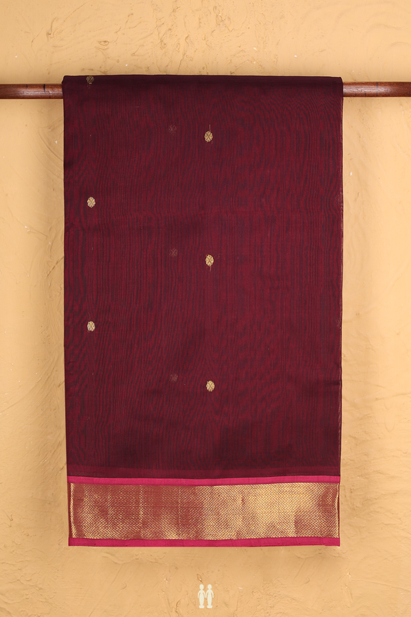 Traditional Silk Cotton Saree In Dark Brown With Floral Buttas