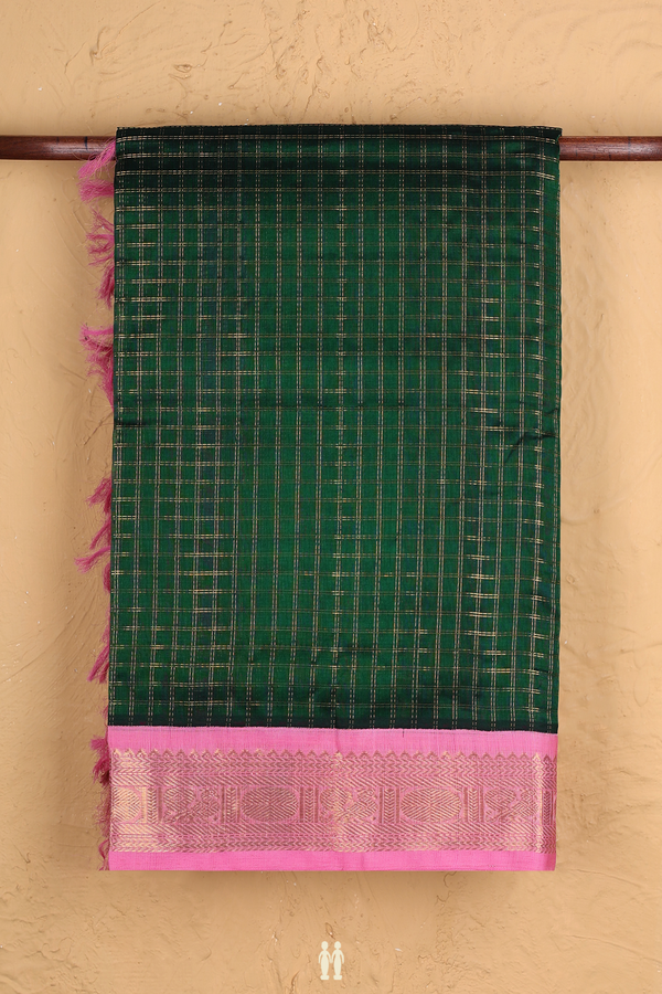 Traditional Silk Cotton Saree In Dark Green With Checks Desi