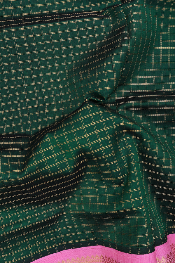 Traditional Silk Cotton Saree In Dark Green With Checks Desi