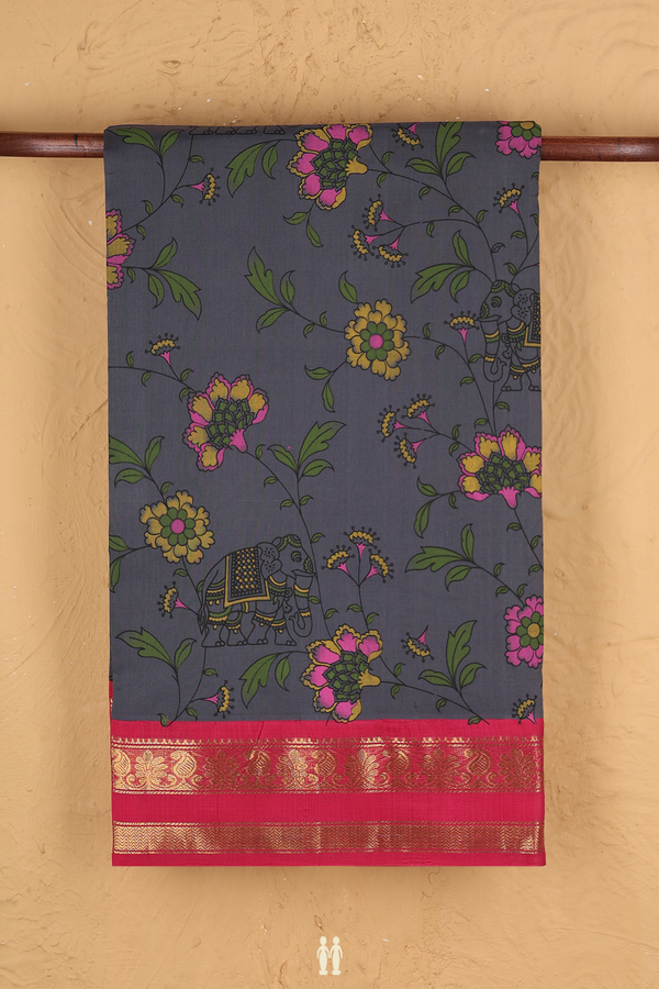 Traditional Silk Cotton Saree Pigeon Blue With Floral Design