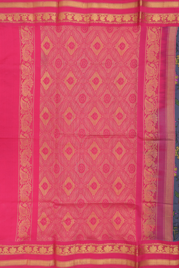 Traditional Silk Cotton Saree Pigeon Blue With Floral Design