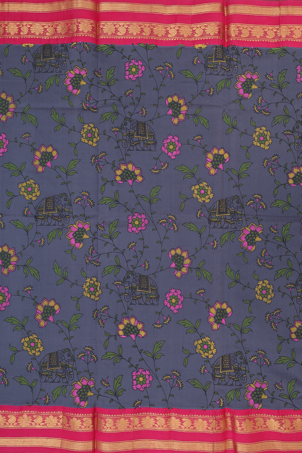 Traditional Silk Cotton Saree Pigeon Blue With Floral Design