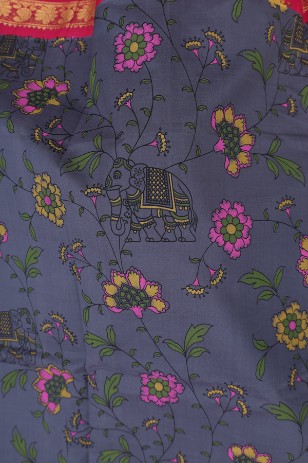 Traditional Silk Cotton Saree Pigeon Blue With Floral Design