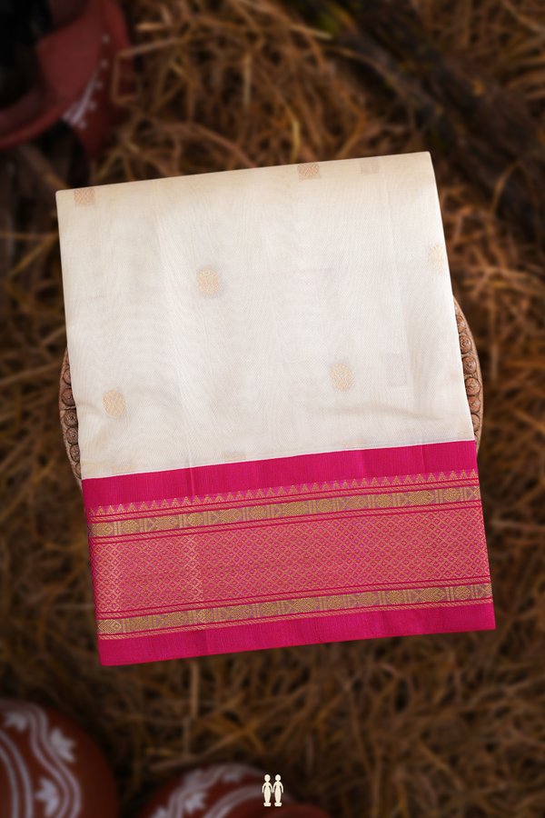 Traditional Silk Cotton Saree In Egg White With Rudraksh Buttas