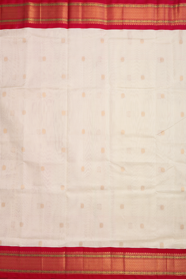 Traditional Silk Cotton Saree In Egg White With Rudraksh Buttas