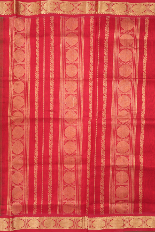 Traditional Silk Cotton Saree In Green Along Checks With Buttas
