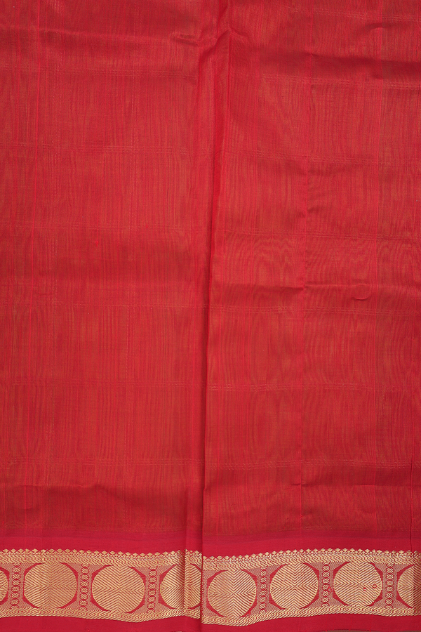 Traditional Silk Cotton Saree In Green Along Checks With Buttas