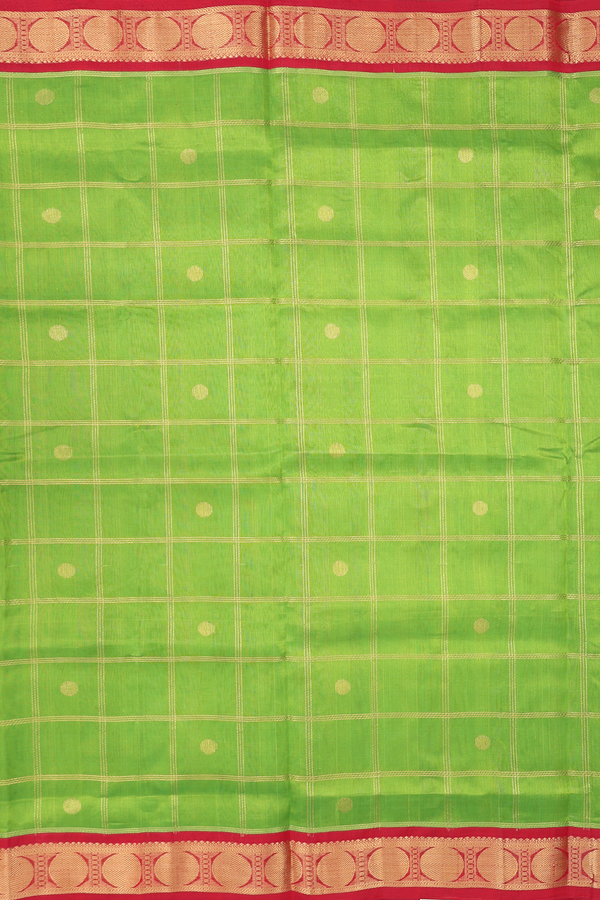 Traditional Silk Cotton Saree In Green Along Checks With Buttas