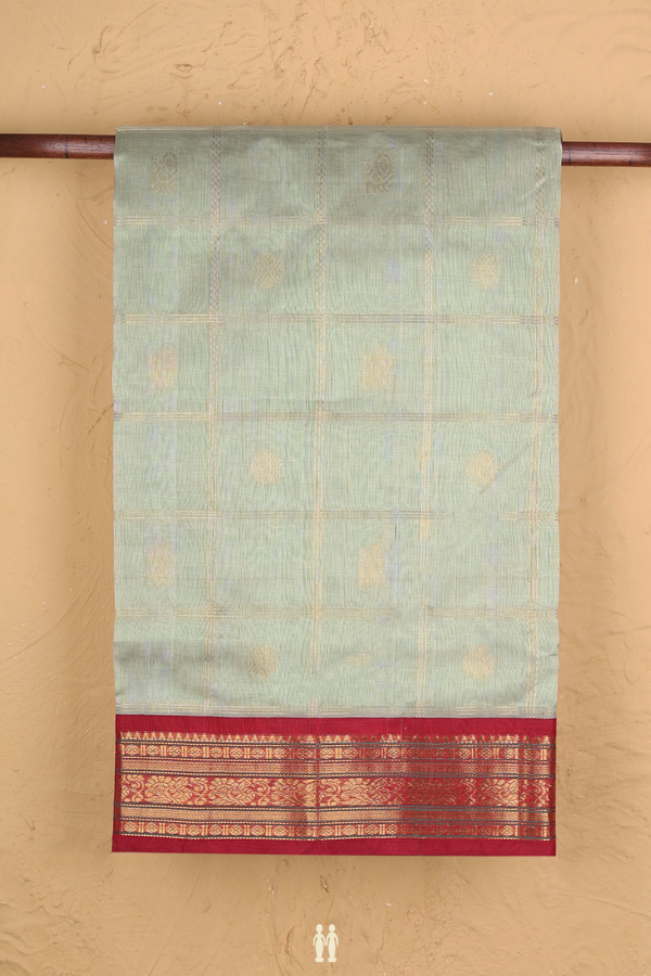 Traditional Silk Cotton Saree In Green With Checks Design