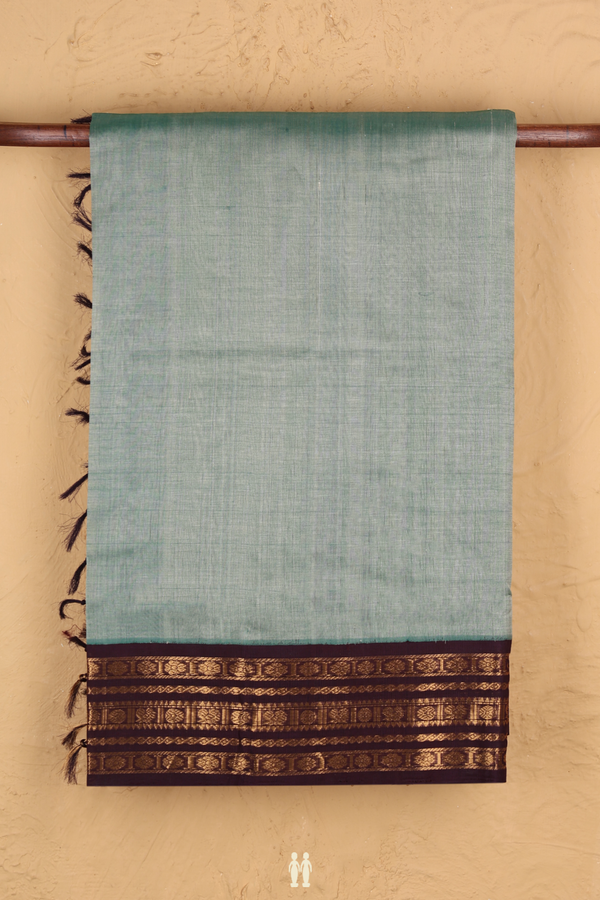 Silk Cotton Saree In Greyish Green With Contrast Border