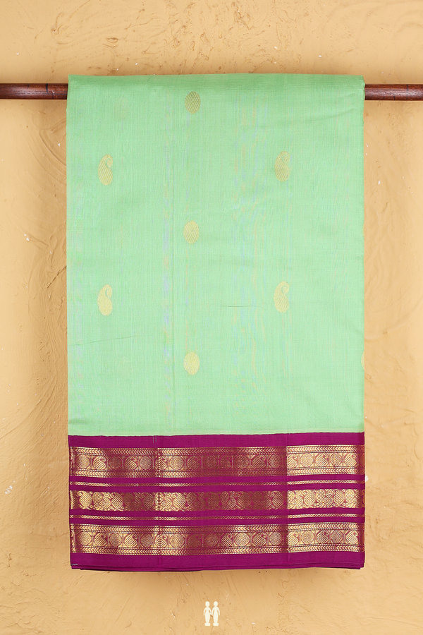 Traditional Silk Cotton Saree In Green With Paisley Buttas