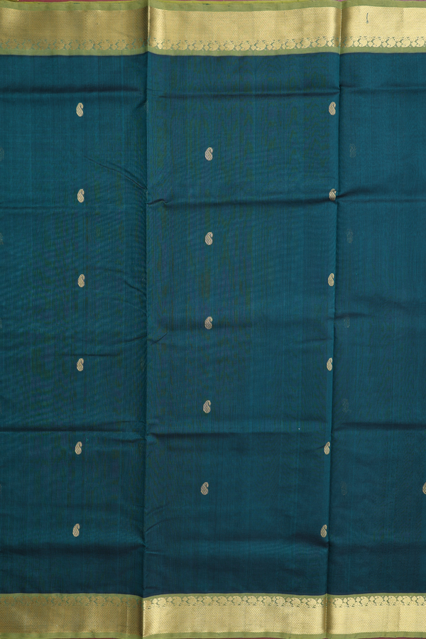 Traditional Silk Cotton Saree In Green With Paisley Buttas