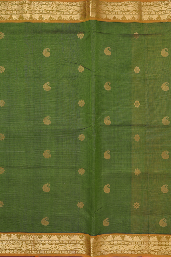 Traditional Silk Cotton Saree In Green With Paisley Buttas