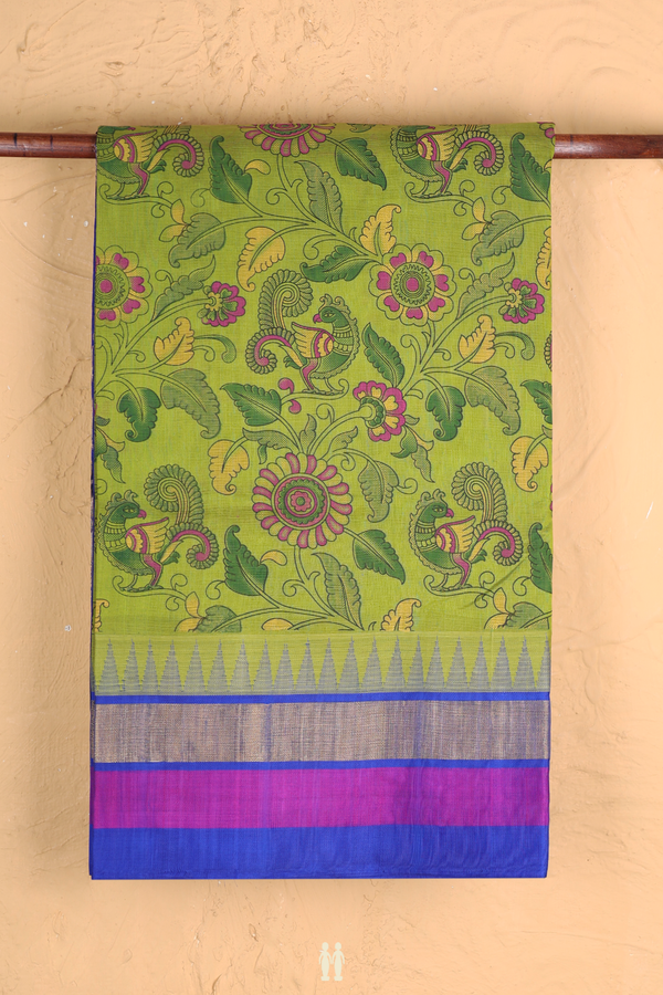 Traditional Silk Cotton Saree In Green With Printed Design