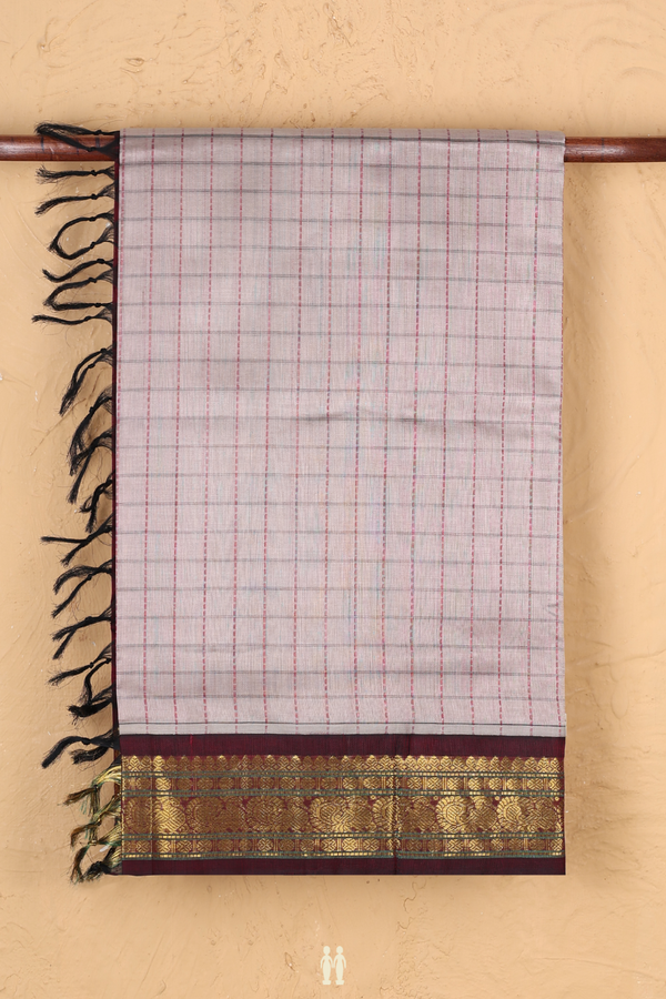 Traditional Silk Cotton Saree In Grey With Checks Design