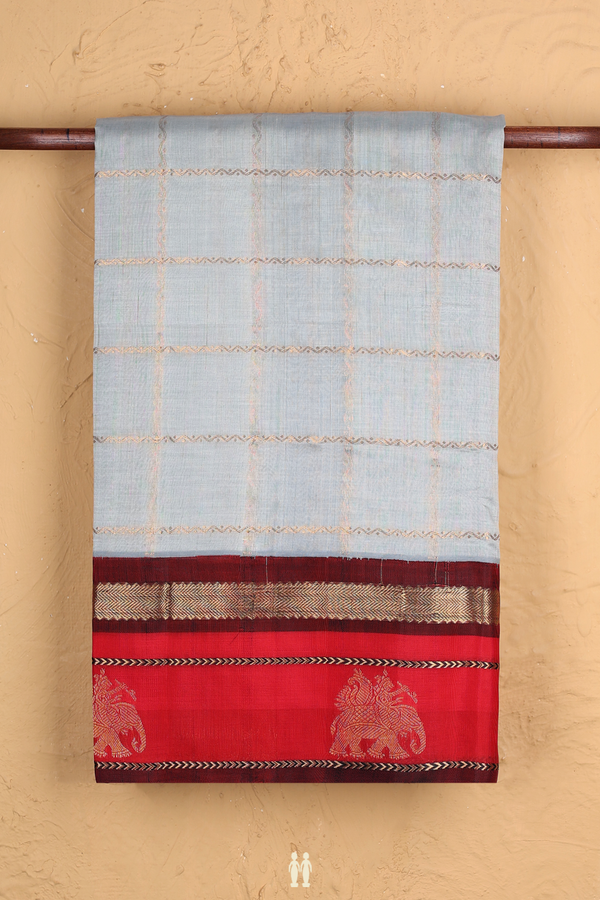 Traditional Silk Cotton Saree In Grey With Checks Design