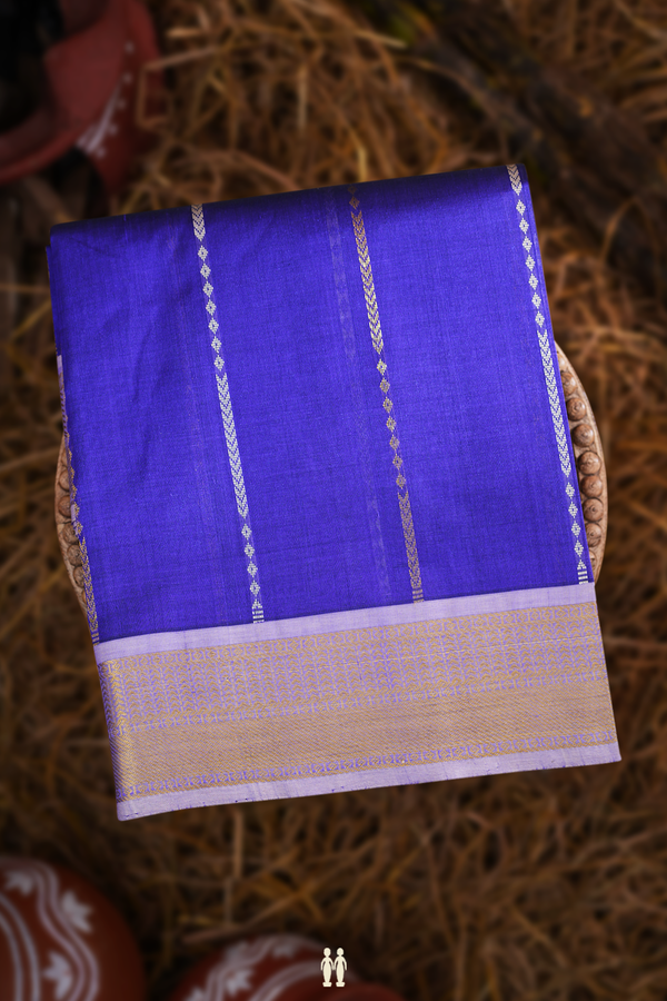 Traditional Silk Cotton Saree In Indigo Blue With Zari Stripes